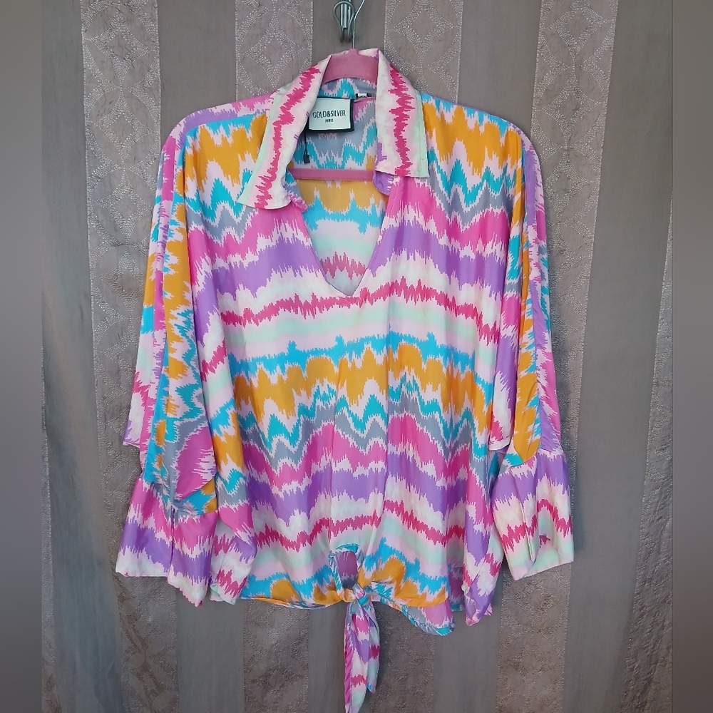 💎 Gold & Silver Women's Top Multicolor Tie-Front Blouse NWOT #0114
